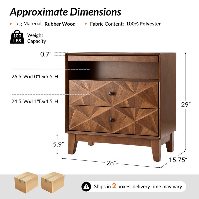 Casio Mid-Century Modern 28‘’W 2-Drawer End Table with Charging Station and Open Shelf  (Set of 2), Brown