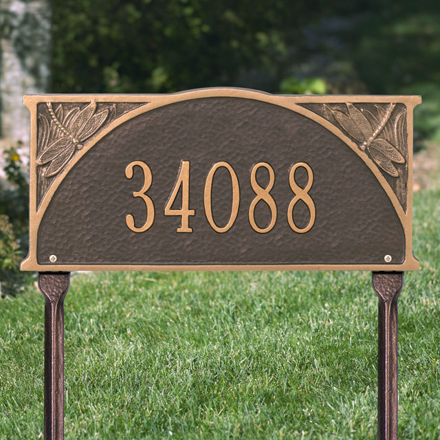 Dragonfly 1-Line Lawn Address Sign, Green and Gold, Yes
