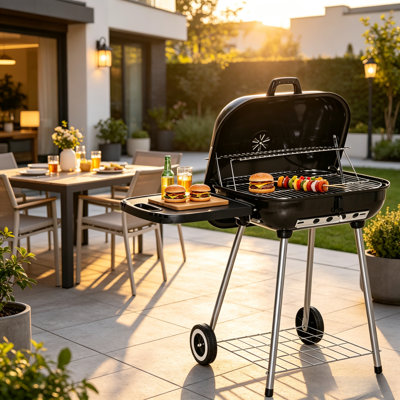 Portable Freestanding Black Charcoal BBQ Grill with Side Rack, Wheels and Warming Rack, Outdoor Cooking Grill for Backyard, Patio & Terrace