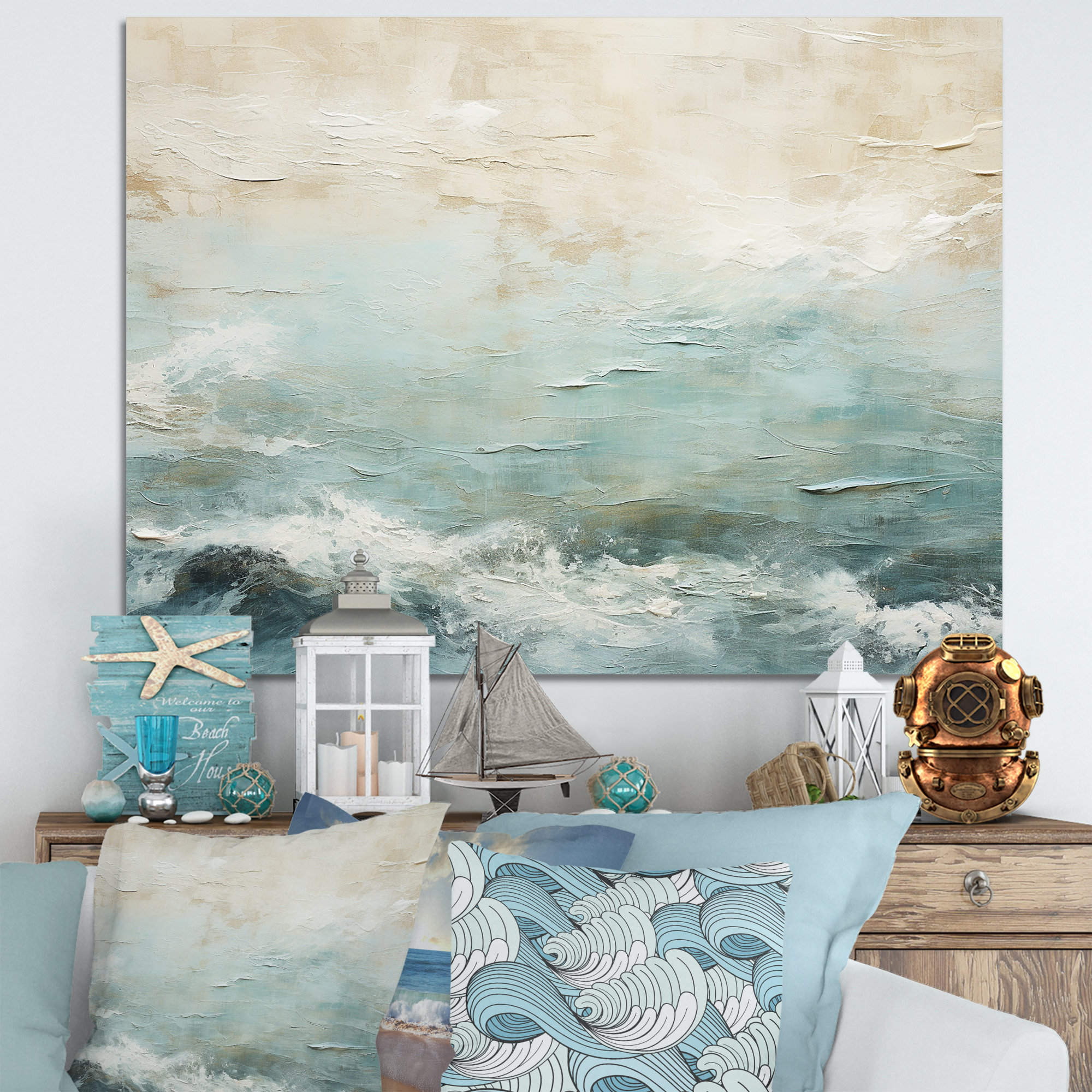 Design Art Modern Coastal Beige And Blue River I - Beach & Ocean Wall ...