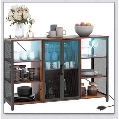 Armoire à vin à DEL avec supports en verre pour station de charge, brun rustique