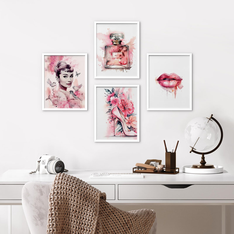 Actrice, rouge à lèvres, bouteille de parfum française, talon haut, impression sur papier, 4 pièces, Blanc, H 14 po x l 11 po
