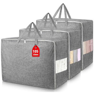 105L Extra Large Storage Bags, Folding Moving Comforter Blanket Storage Bags,Strong Handles&Zippers Clear Window,(Grey/3 Pcs)