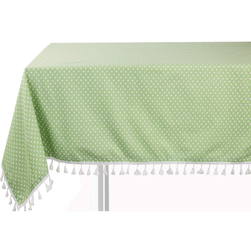 Polka Dots Tassel Cotton Blend Pink Tablecloth 55"W X 55"L, Green