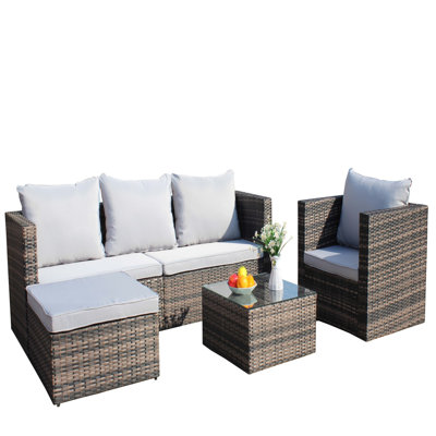 Ensemble de canapé d'extérieur en osier et table basse 4 pièces, ensemble de mobilier de patio; canapé d'extérieur (coussin gris peu profond), ensemble d'extérieur de canapé d'extérieur