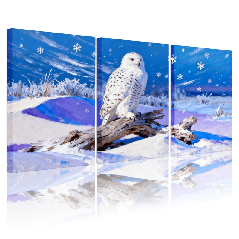 Oiseaux Harfang des neiges perchés sur du bois flotté en hiver, ensemble de 3 impressions sur toile, H 18 po x l 36 po