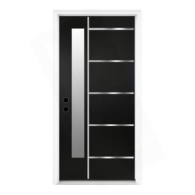 36 X 80 Textured Finished Fiberglass Door With Brickmould, Double-Sided Frosted Glass Modern Style For Home's Front Door, 4-9/16 Vinyl Frame, Right Hand Inswing Black Knock-Down Door With Metal Strip