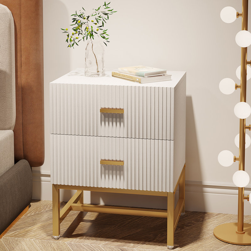 Table de chevet en fer avec 2 tiroirs, Blanc, 2