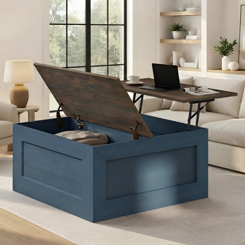 Table basse carrée avec rangement caché Jareal, table basse de style campagnard, table basse à plateau relevable pour le salon