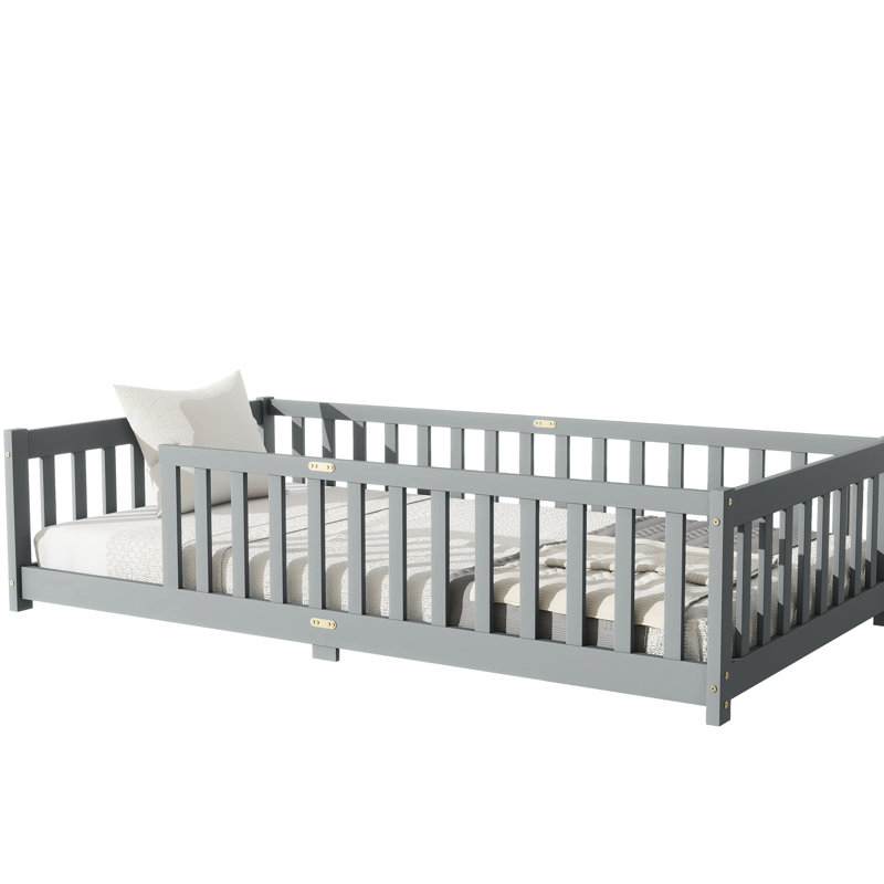 Lit simple gris avec clôture, polyvalent pour l'apprentissage et le sommeil, manuel d'installation rapide et idéal pour explorer, plateforme à 7 lattes confortable