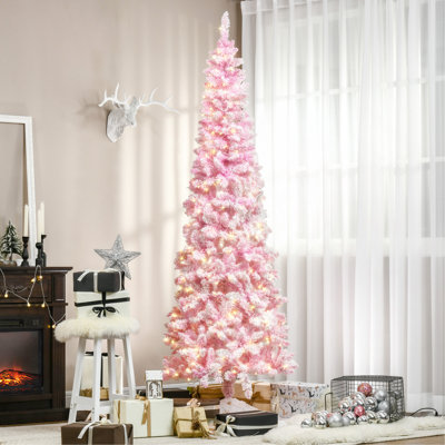 Arbre de Noël artificiel enneigé 7,5 pi avec forme de crayon, branches de pin réalistes, lumières DEL blanc chaud, ouverture automatique, rose et blanc