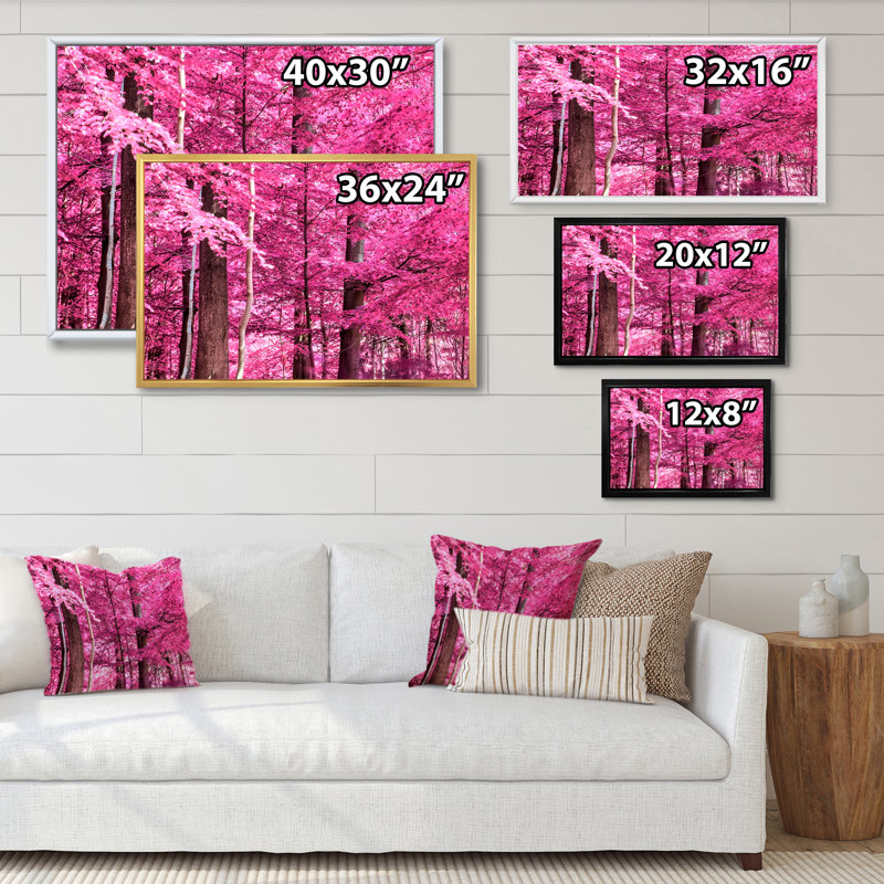 «Pink and Purple Fantasy Forest III», reproduction sur toile flottante, H 12 po x l 20 po x P 1 po, Cadre flottant blanc