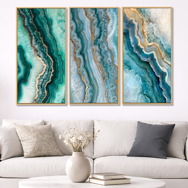 «Agate Dream River III - Green Geode», ensemble de 3 toiles d'art encadrées, Cadre flottant en bois naturel