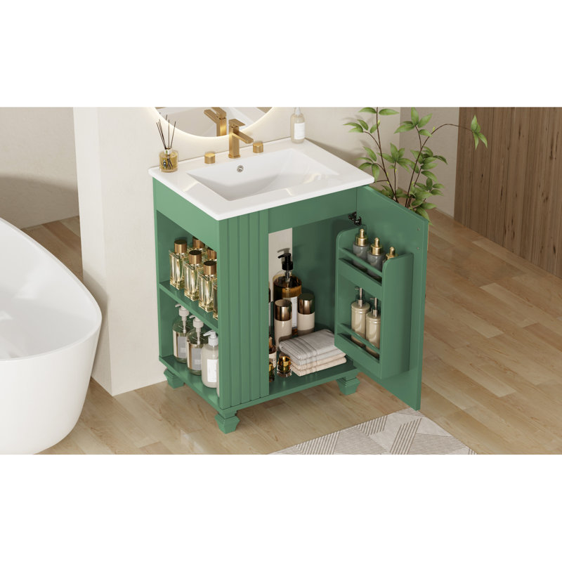 Meuble-lavabo 24 po avec lavabo en céramique, structure en bois massif, rangement multifonctionnel, porte, finition, planches rétro classiques, poignées en métal, espace sous l'évier, 2 tablettes, accès facile à la plomberie