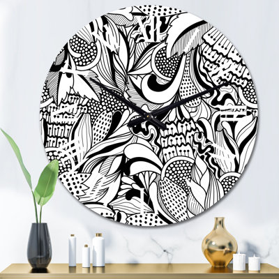 Fleurs abstraites en noir et blanc - Horloge murale moderne