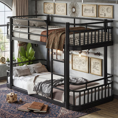 Cadre de lit superposé rond en métal moderne avec rails de sécurité et échelle, lit superposé en acier compact pour chambre à coucher et dortoir