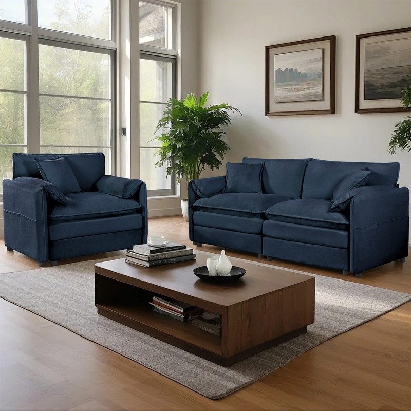 Ensemble de canapé 2 pièces avec causeuse et fauteuil avec poches latérales, Bleu