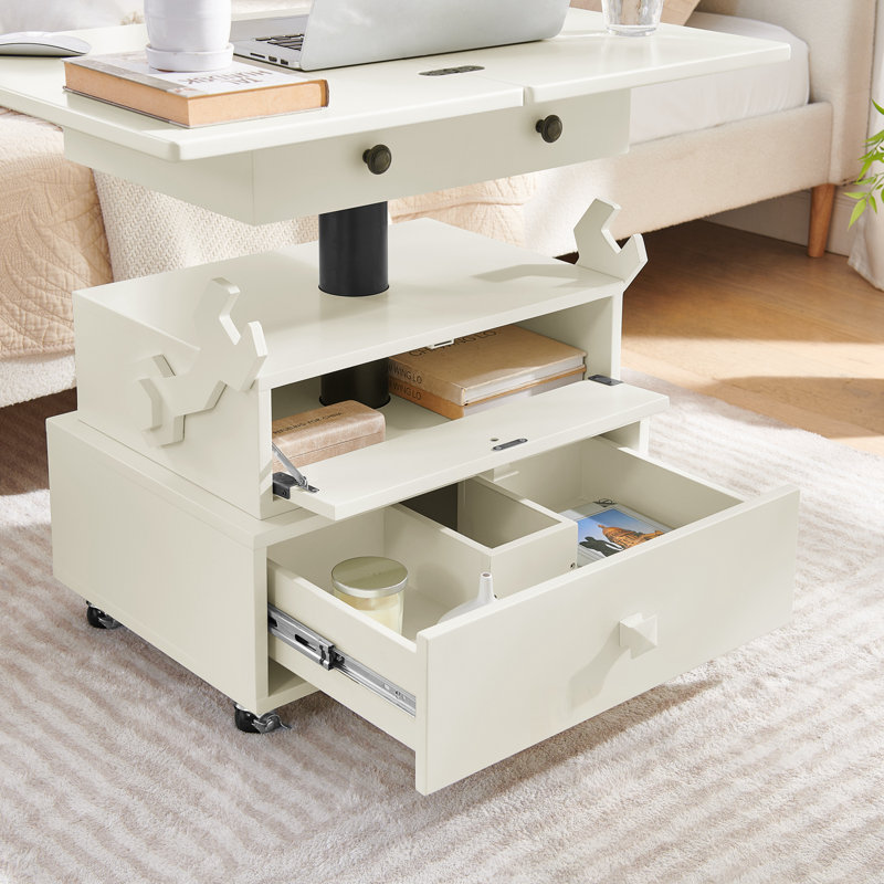 Table basse à hauteur réglable avec station de charge et tiroirs de rangement, White