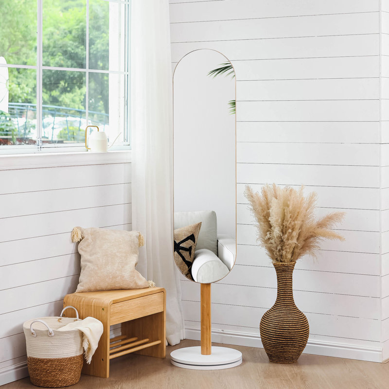 Flat Floor Mirror with Hooks, Nature/White