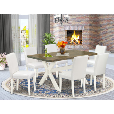 Ensemble de table de salle à manger 7 pièces composé d'une table de cuisine rectangulaire avec pieds en X et 6 chaises de salle à manger Parson en simili cuir blanc, lin brossé blanc 