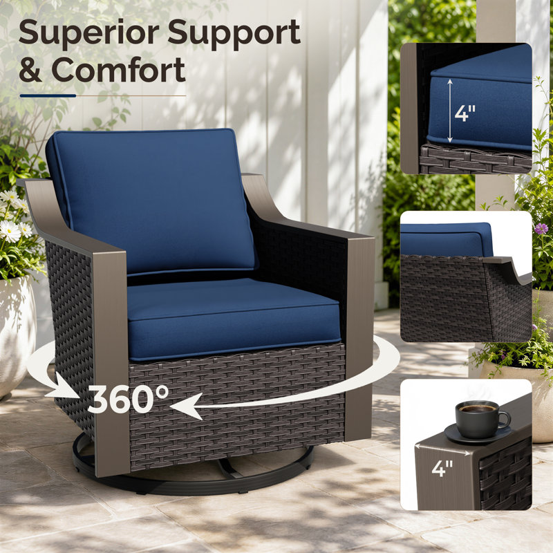  Chaise berçante d'extérieur pivotante en rotin avec coussins (ensemble de 2), Bleu