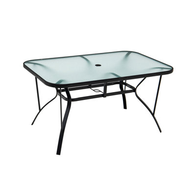 Table de salle à manger rectangulaire résistante aux intempéries et résistante aux égratignures de 55 po x 35 po avec plateau en verre trempé transparent et trou de parasol pré-percé pour le jardin
