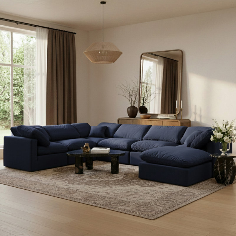 Ensemble modulaire de coin en velours 7 pièces Itala, Velours bleu marine