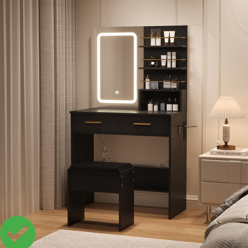 Ensemble de meuble-lavabo avec miroir et lampes de maquillage avec 2 tiroirs et tablettes de rangement ouvertes, Noir
