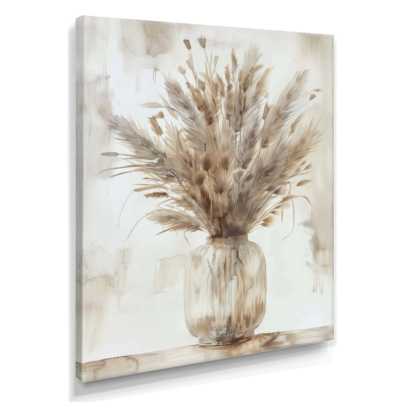 Beige blanc Boho Plant Chic I - Boho Feather Wall Art Living Room, H 12 po x l 20 po, Toile tendue