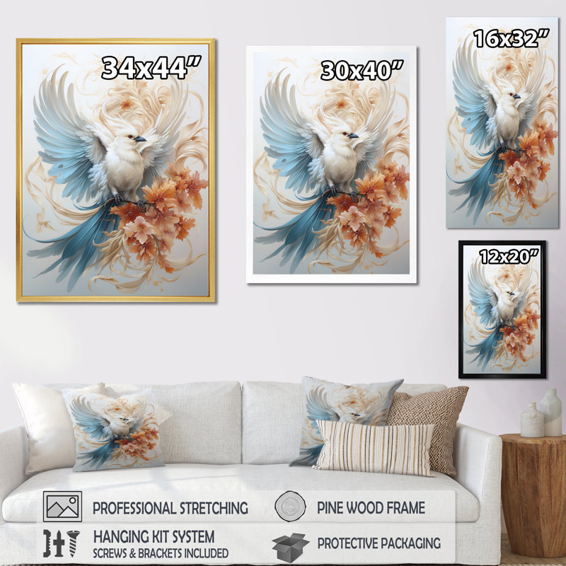 Majestueux oiseau blanc sur une branche de fleur, 32" H x 16" W, Cadre flottant doré