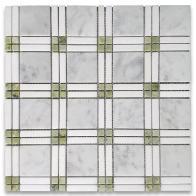Carrara White Marble Plaid Tartan Mosaic Tile W/ Green Jade Thassos White Honed