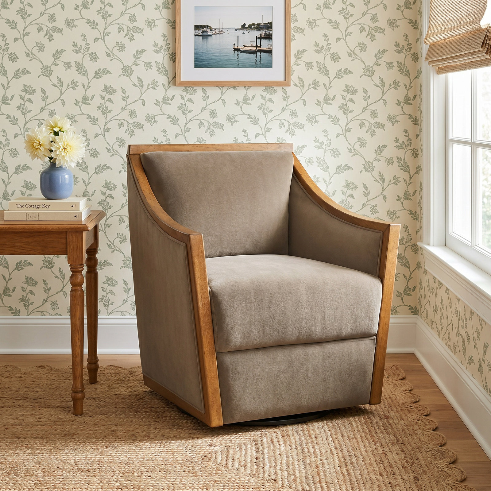Mortola Swivel Armchair, Beige Linen Blend