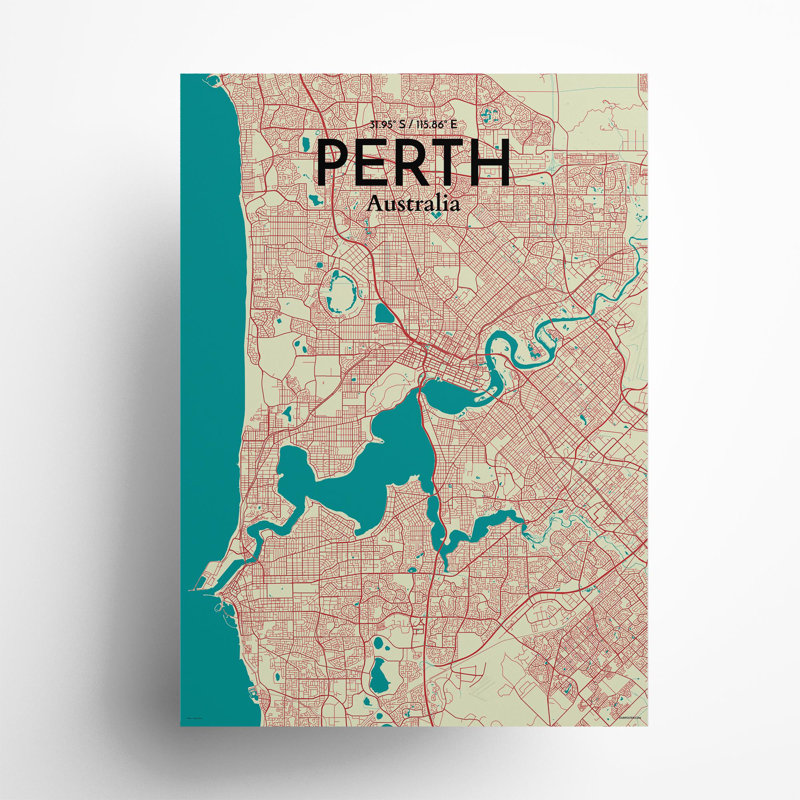 «Perth City Map», impression, H 27,6 po x l 19,7 po, Vert / beige