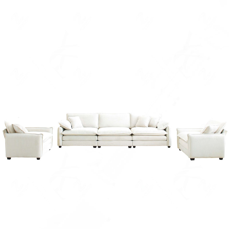 Ensemble de canapés en velours côtelé beige pour cinéma maison, comprenant un canapé 3 places et deux fauteuils d'appoint.
