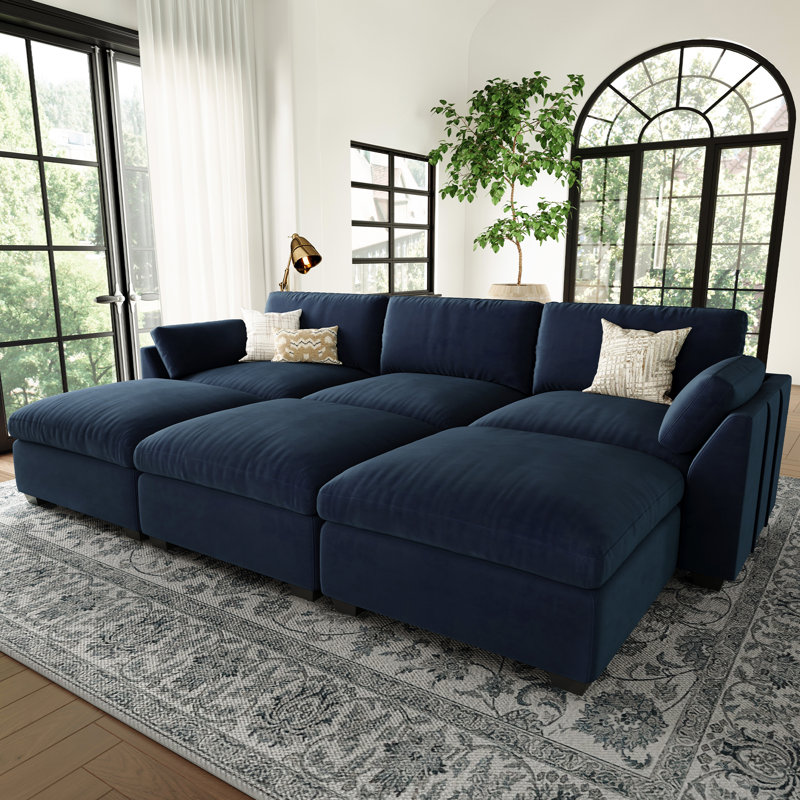 Velvet & Plush Wide Couch Modular Sectional Sofa Bed With Detachable Cushions, Blue Velvet