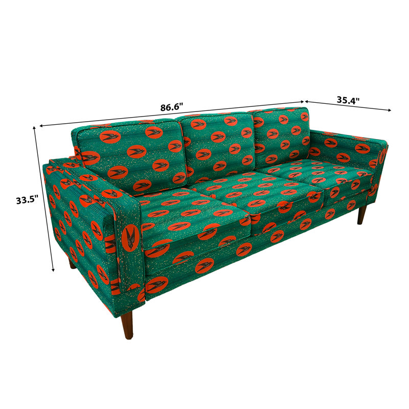 Ensemble de canapé rembourré à motif vert avec structure en bois massif et pieds en bois naturel