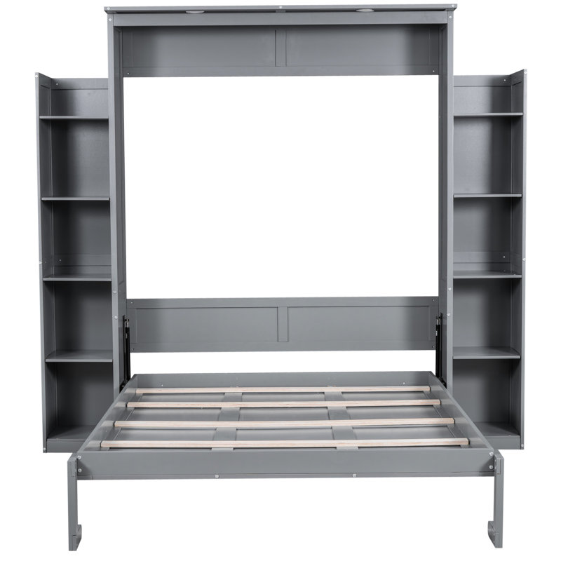 Lit mural gris avec lumières à DEL et grand espace de rangement pour l'organisation de grands lits en gris. Saving Sh tablettes Utilisation idéale à la maison. Lit armoire pliable. Fabrication en contreplaqué. Peut accueillir un matelas de 8 pouces. Facile