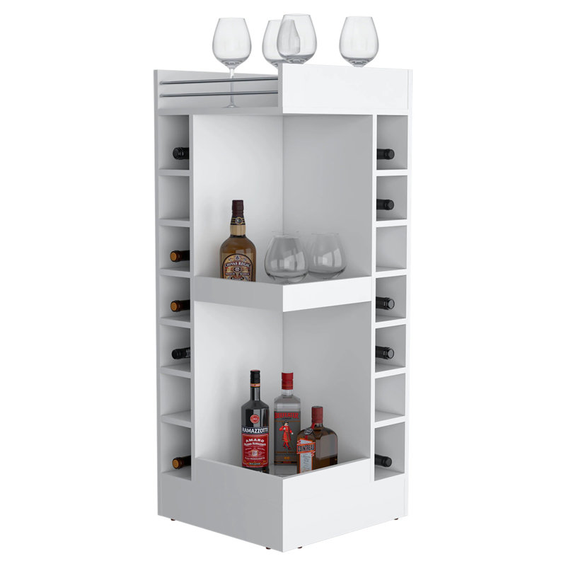 Corner Bar Cabinet With Wine Rack And Open Shelf, White, 45.9" H x 18.3" W x 18.3" D