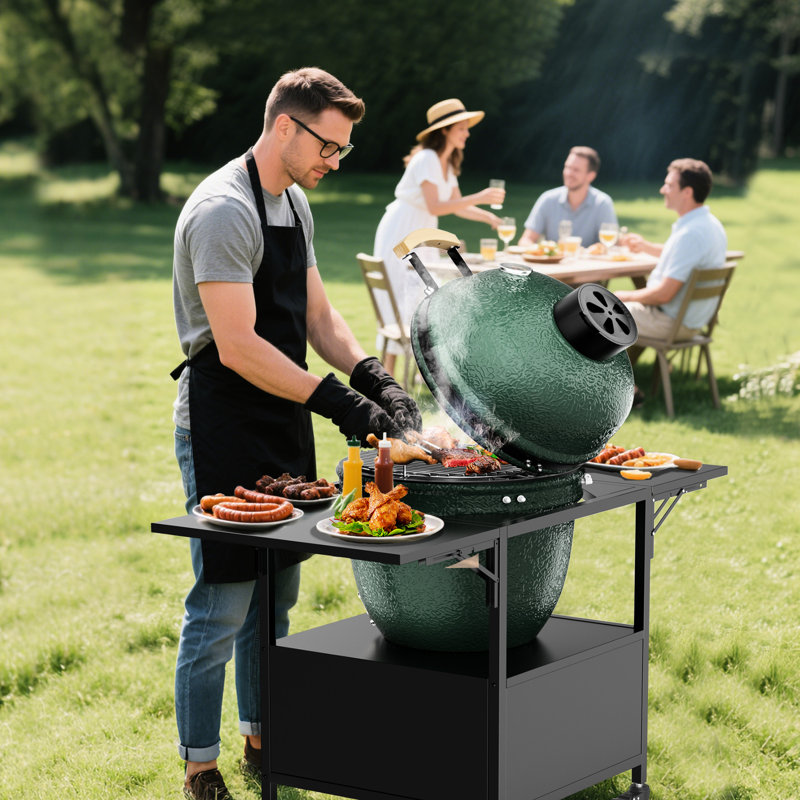 Table de barbecue extérieure pour Big Egg - Type de cuisson, structure métallique avec deux surfaces pliables, peut accueillir des grilles jusqu'à 53 cm (21 pouces), construction en fer, grand espace de rangement pour les ustensiles, installation simple, mobile et
