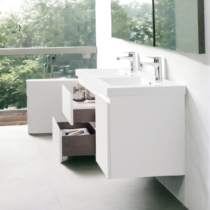 Meuble-lavabo double mural 59 po avec plateau en résine Stone Carol-Ann, Blanc lustré, Blanc
