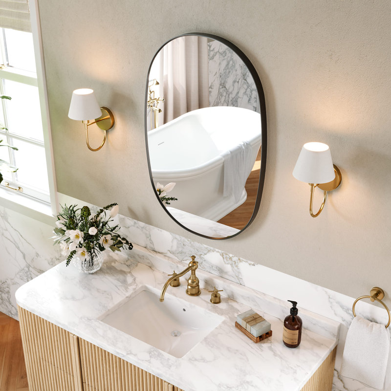 Miroir de salle de bain 24 po x 36 po avec cadre ovale et miroir mural en aluminium pour salle de bain, Noir mat
