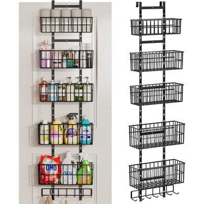Organisateur de porte réglable au-dessus de la porte, organisateur de porte suspendu en métal avec 5 paniers en métal et 7 crochets, tablette murale pour l'organisation et le rangement de la buanderie, noir