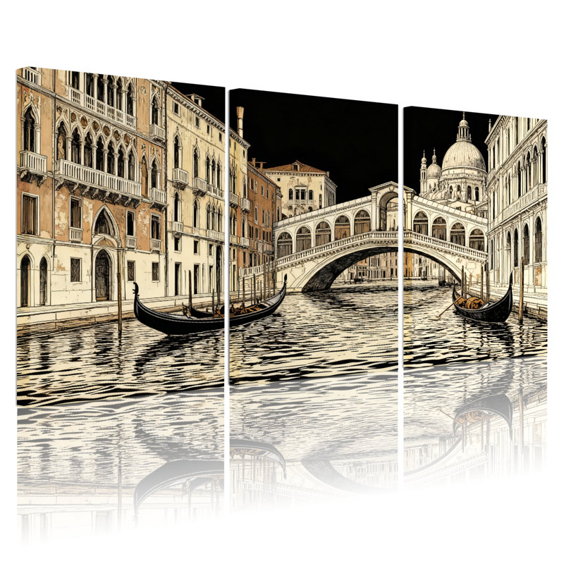 Scénario et paysages urbains, Venise, canal, gondoles, pont, architecture, nuit, ensemble de 3 impressions sur toile