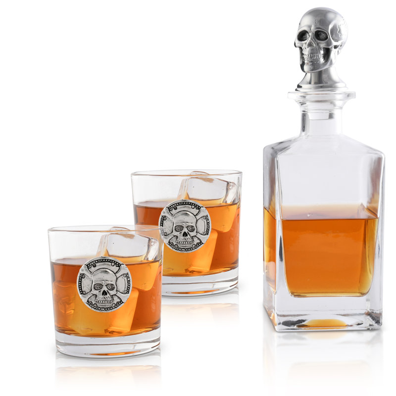 Skull Glass Whiskey Decanter with Pair of Glasses