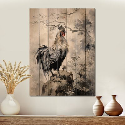 Art asiatique, coq Sumi I, impression sur bois naturel