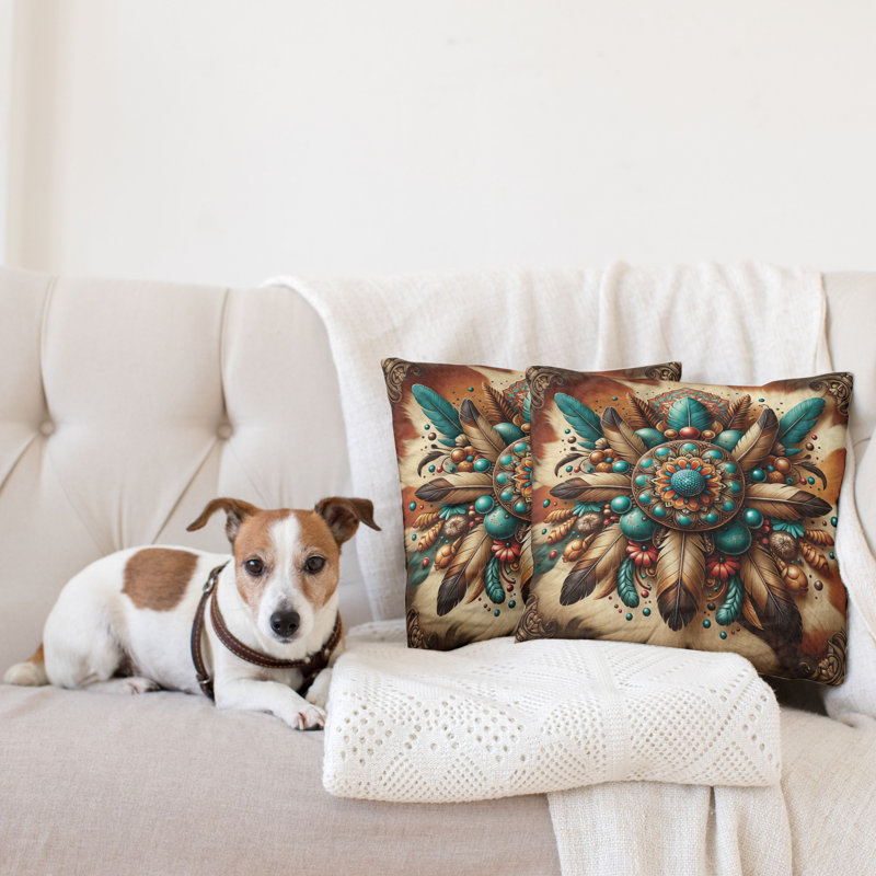 429805_Ambesonne Housse de coussin rustique 2Pack Boho Earthy Feathers Mandala, H 16 po x l 16 po