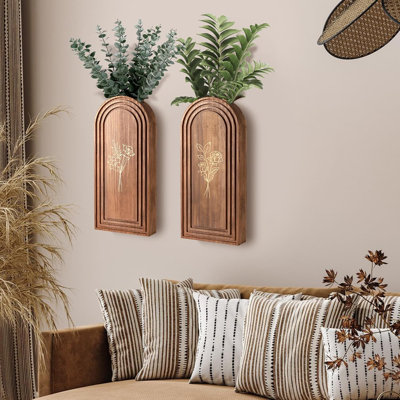 Rustic Wood Wall Planters Set of 2,Boho Decorative Hanging Vase for Dried Flowers , Artificial Plants , Farmhouse Wall Art Decor for Living Room , Entryway