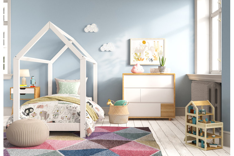 kids bedroom with a house-shaped toddler bed