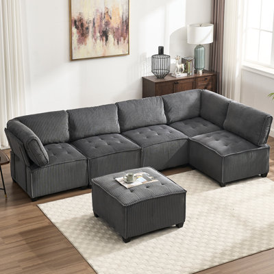 6 Modular Sectional Couch With Reversible Chaise, Design & Corduroy Upholstery U Shaped Couch, Convertible Fluffy Supportive