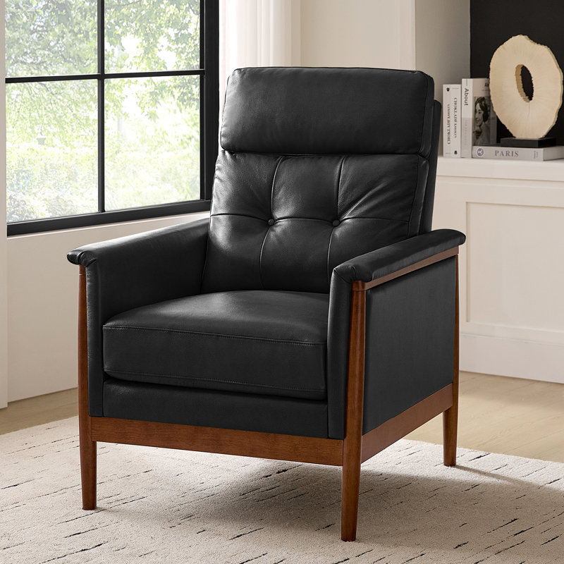 Outen Mid-Century Modern Genuine Leather Armchair with Solid Wood Armrests, Black